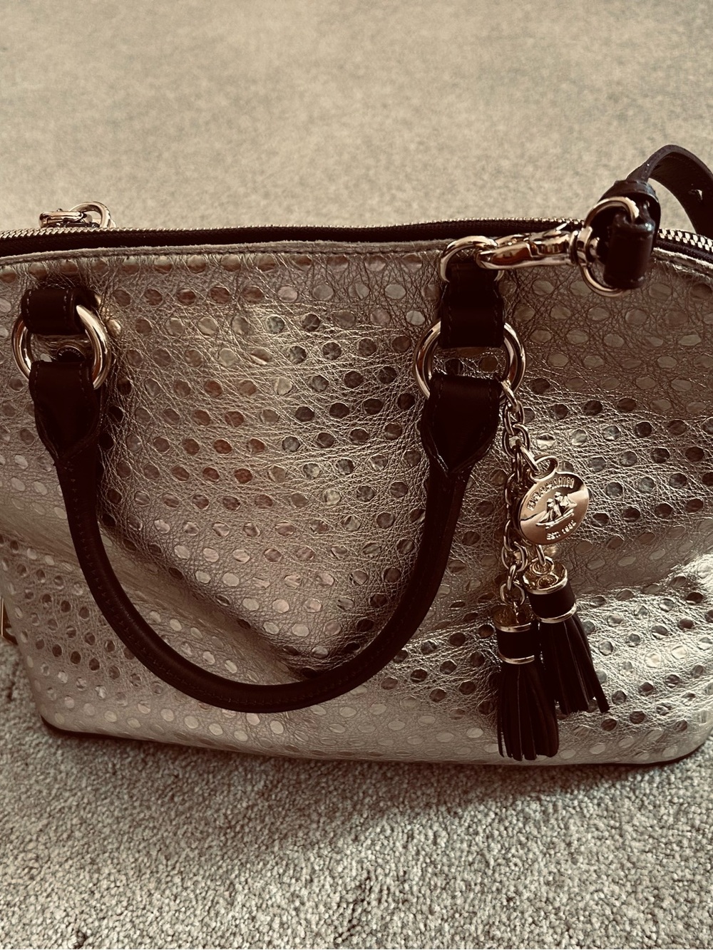 Designer inspired NWOT metallic Dome Satchel  handbag with Tassel Charm.